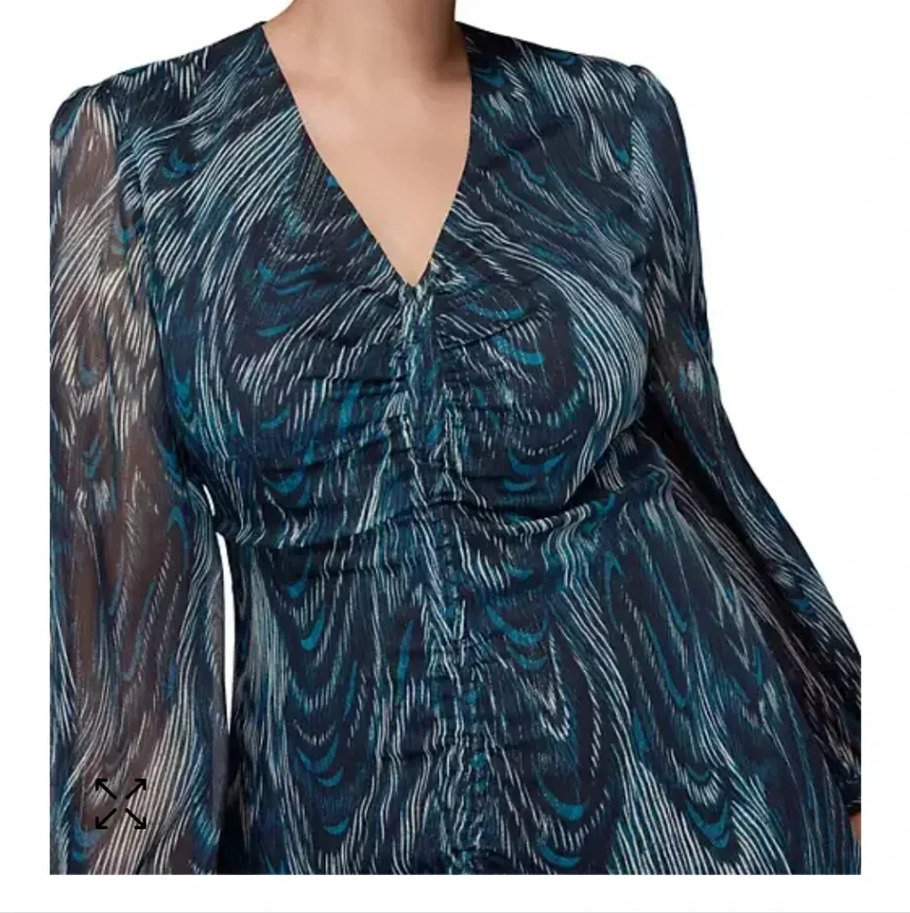 WHISTLES Blue‎ Wave Ruched Dress Size 4 Teal Black Long Sleeve Metallic Glam